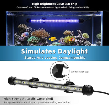 LED Submersible Aquarium Light 10W Underwater Fish Tank Light with Blue White&Blue and White Three Light Modes Timer Automatic On/Off and Dimmer Brightness Adjustable (19inch)