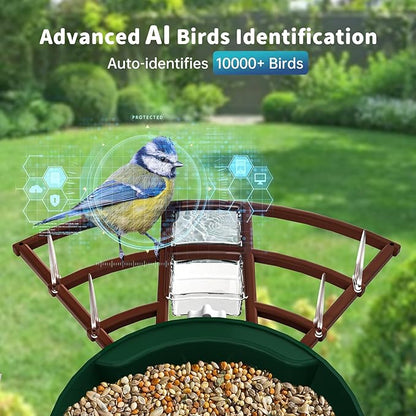 Smart Bird Feeder with Camera Solar Powered & AI Bi rd Identification, 2.4Ghz WiFi Bird feeders for Outdoors, 2K Live Video, Instant Arrival Alerts - Dark red-Green
