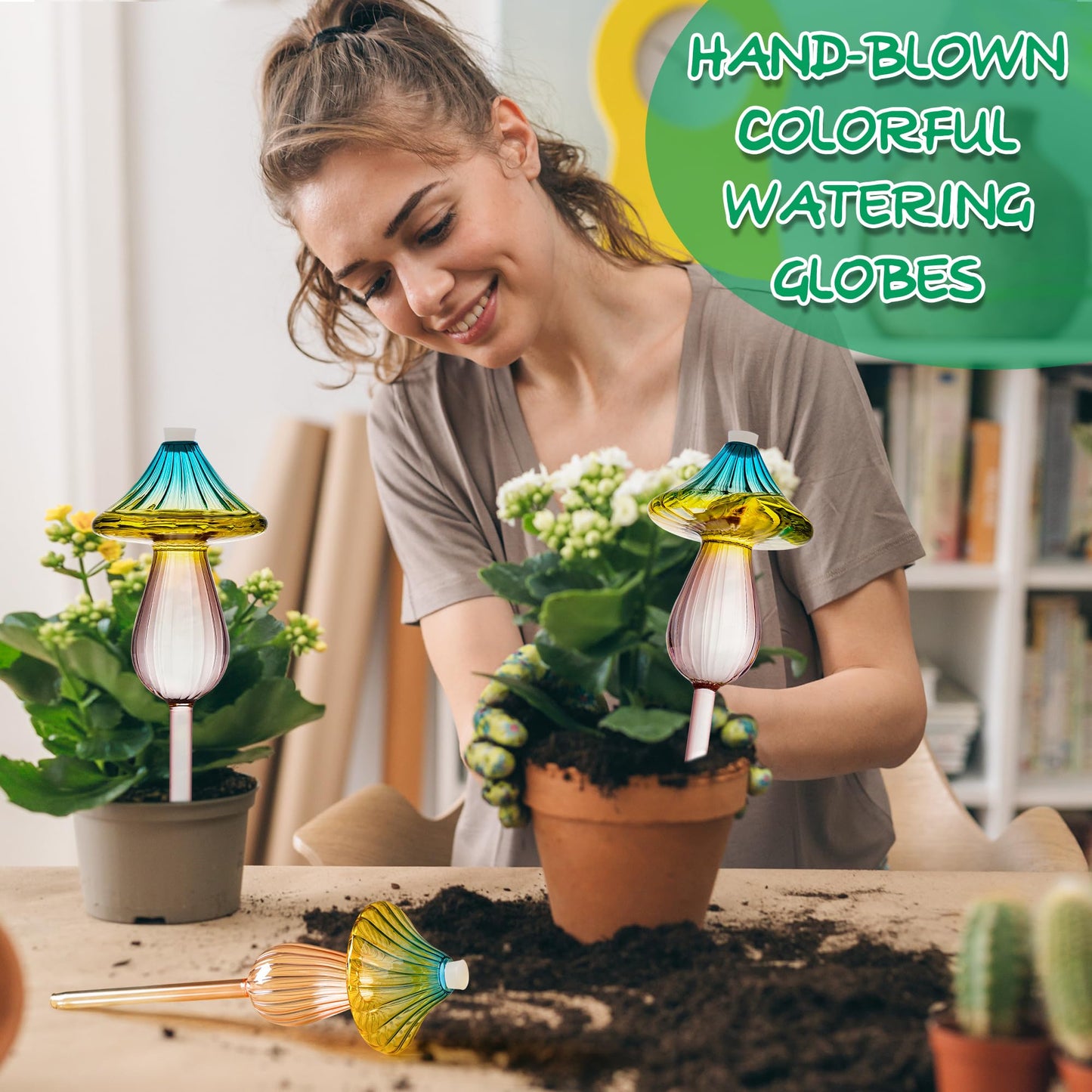 Plant Watering Globes, Rainbow Gradient Color Mushroom Plant Watering Devices, Self Watering Globes,Self Watering Planter Insert - Watering Bulbs for Indoor Plants for Travel Vacation (4 PCS)