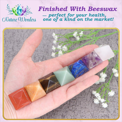 NatureWonders All Natural 7 Chakra Stone Set (Pyramid) with Engraved Symbols (Gift Box, Information Brochure & Pouch) - Healing Crystals, Balancing, Tumbled Palm Stone, Touchstone, Meditation
