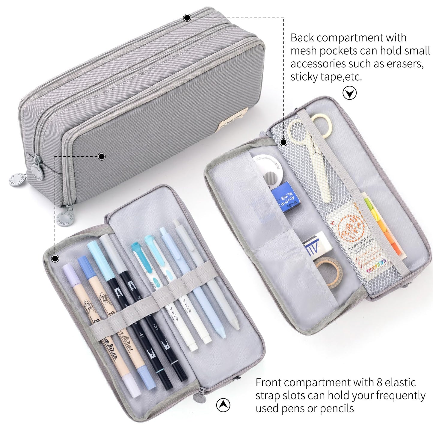 CICIMELON Large Capacity Pencil Case 3 Compartment Pouch Pen Bag for School Teen Girl Boy Men Women (Gray)