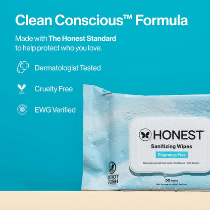 The Honest Company Fragrance-Free Sanitizing Alcohol Wipes, Antibacterial with Aloe, Kills 99% of Germs, 150 Count
