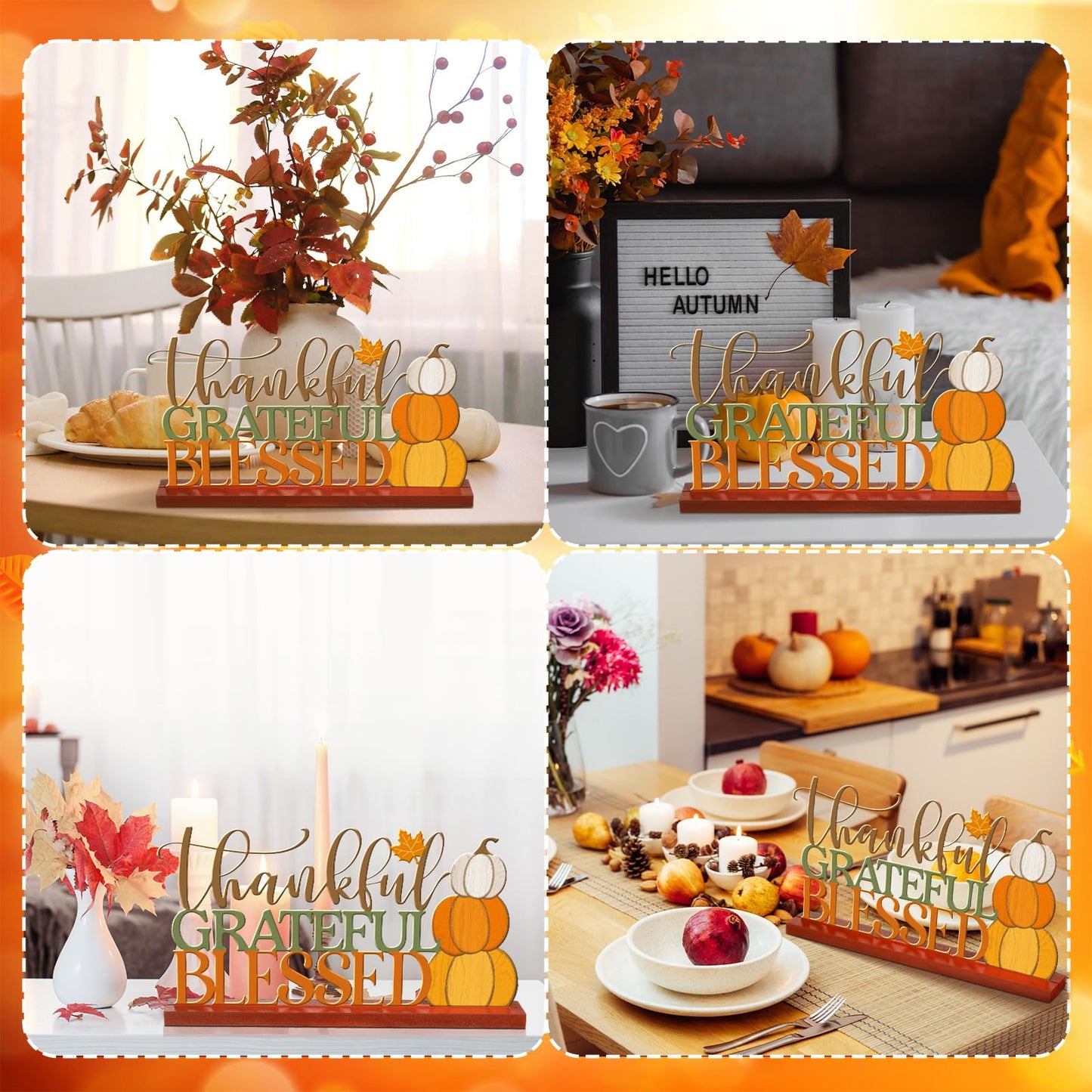 Cinnvoice 11.81 Inch Thanksgiving Table Sign Fall Decorations for Home Thanksgiving Metal Letter Centerpiece Decorations with Wooden Base Pumpkin Grateful Thankful Blessed Sign for Shelf Mantel