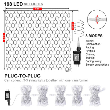 weillsnow 198 LED Halloween Net Lights,9.8FT*6.6FT Connectable Plug in Waterproof Mesh Lights with 8 Modes, Halloween Decorations Outdoor for House, Garden, Bush Decor