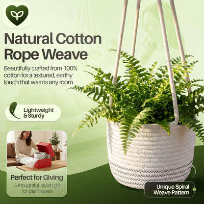 Flexzion Macrame Plant Hanger Basket for Indoor Plants - 8 Inch Jute Rope Planter Pot Cover, Woven Hanging Plant Holder Up to 7 Inch Pots, Boho Hanging Planters Home Decor Storage Organizer (White)
