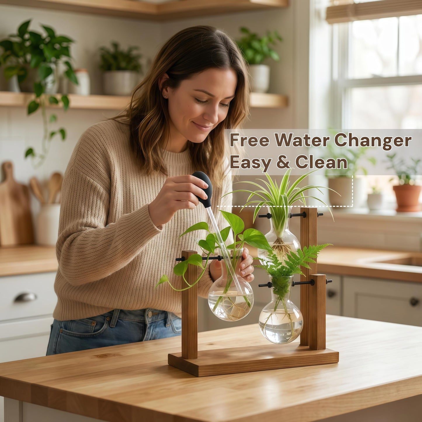 Plant Propagation Station with Glass Propagation Vases, Plant Propagation Jars in Wooden Stand, Hydroponic Vase for Plant Cuttings, Decorative Propagation Station for Home Desk Office
