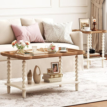 Function Home Farmhouse Coffee Table, 2-Tier Center Table with Storage Shelf, 39.8" French Country Rectangle Accent Table with Natural Tray Top and Spindle Legs for Living Room Balcony, Antique White