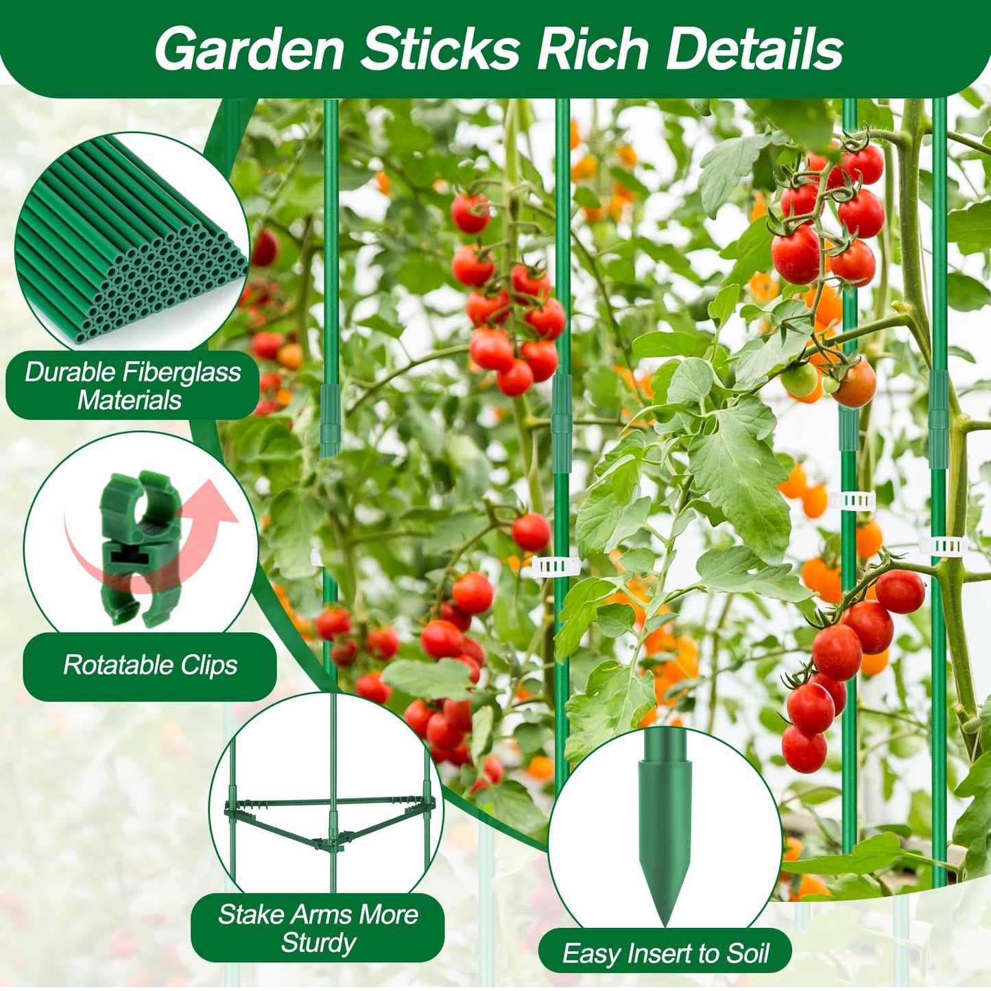 Qinzave 256PCS Garden Stakes Set with 75PCS 16 Inch Fiberglass Plant Sticks and Stake Arms, DIY 4ft 5ft 6ft 7ft 8ft Tomato Stakes, Garden Stakes for Vegetables Tomato Pepper Indoor Outdoor Plants