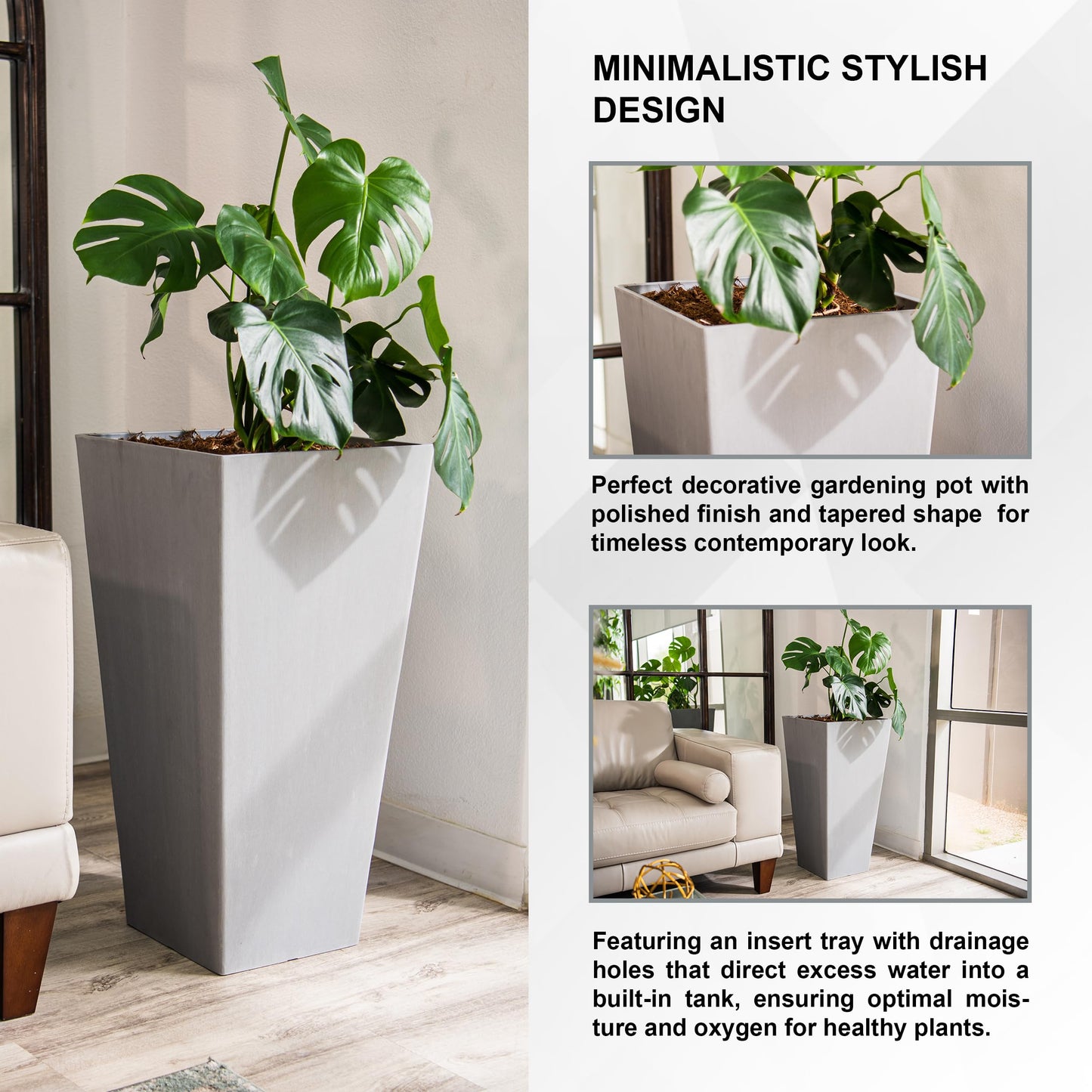 XBrand Modern 28-Inch Square Planter, Modern Tapered Perfect for Indoor & Outdoor, Patio Décor, Set of 2, Gray