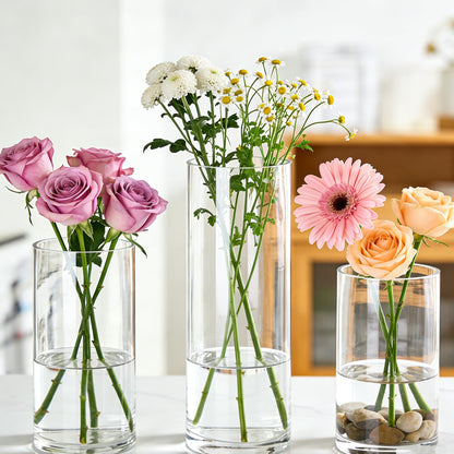 RosPynn Flower Vase Acrylic Cylinder,Set of 3 Pcs, Clear Vase for Centerpieces,Wedding Decorative,Home Décor, Non Breakable Plastic, 7.86"+9.84"+11.8" Tall Round - Clear