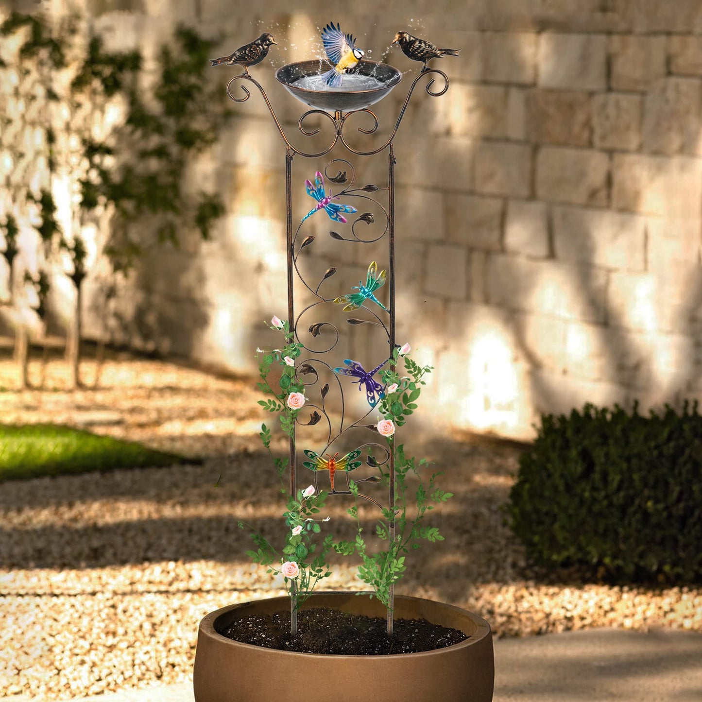 SUNNYPARK Bird Bath with Trellis Outdoor, Antique Garden Iron Plant Trellis with Decorative Dragonfly Detachable Bird Bath Bowl Metal Potted Plant Support for Climbing Flowers