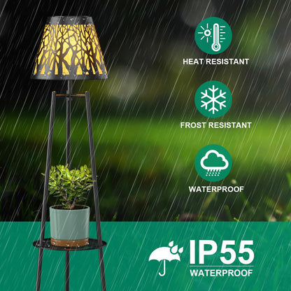 MXwcy 2-Tier Solar Plant Stand with Light, Outdoor Waterproof Floor Lamp with Tree Branch Cutout Lampshade, Tall Metal Planter Holder Display Rack for Patio, Porch, Garden, Balcony Decor (2 Pack)
