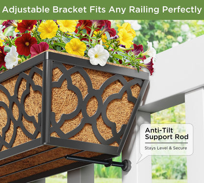LAWYAMAI 24 Inch Railing Planter Box with Coco Liner, Adjustable Metal Hanging Planter, Window Box for Balcony Deck Fence, Outdoor Flower Box Black, 4 Pack