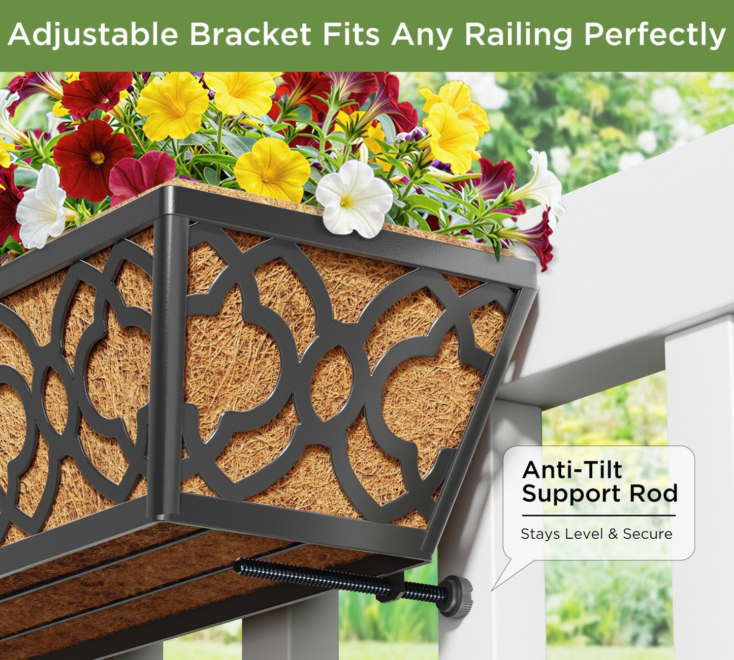 LAWYAMAI 24 Inch Railing Planter Box with Coco Liner, Adjustable Metal Hanging Planter, Window Box for Balcony Deck Fence, Outdoor Flower Box Black, 2 Pack