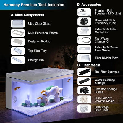 Harmony Deluxe 8 Gallon All-in-One Aquarium Kit, Award-Winning Fish Tank with Lid, Integrated Filtration, LED Light, Low-Iron Glass, Black Tank with Cherry Grain Top