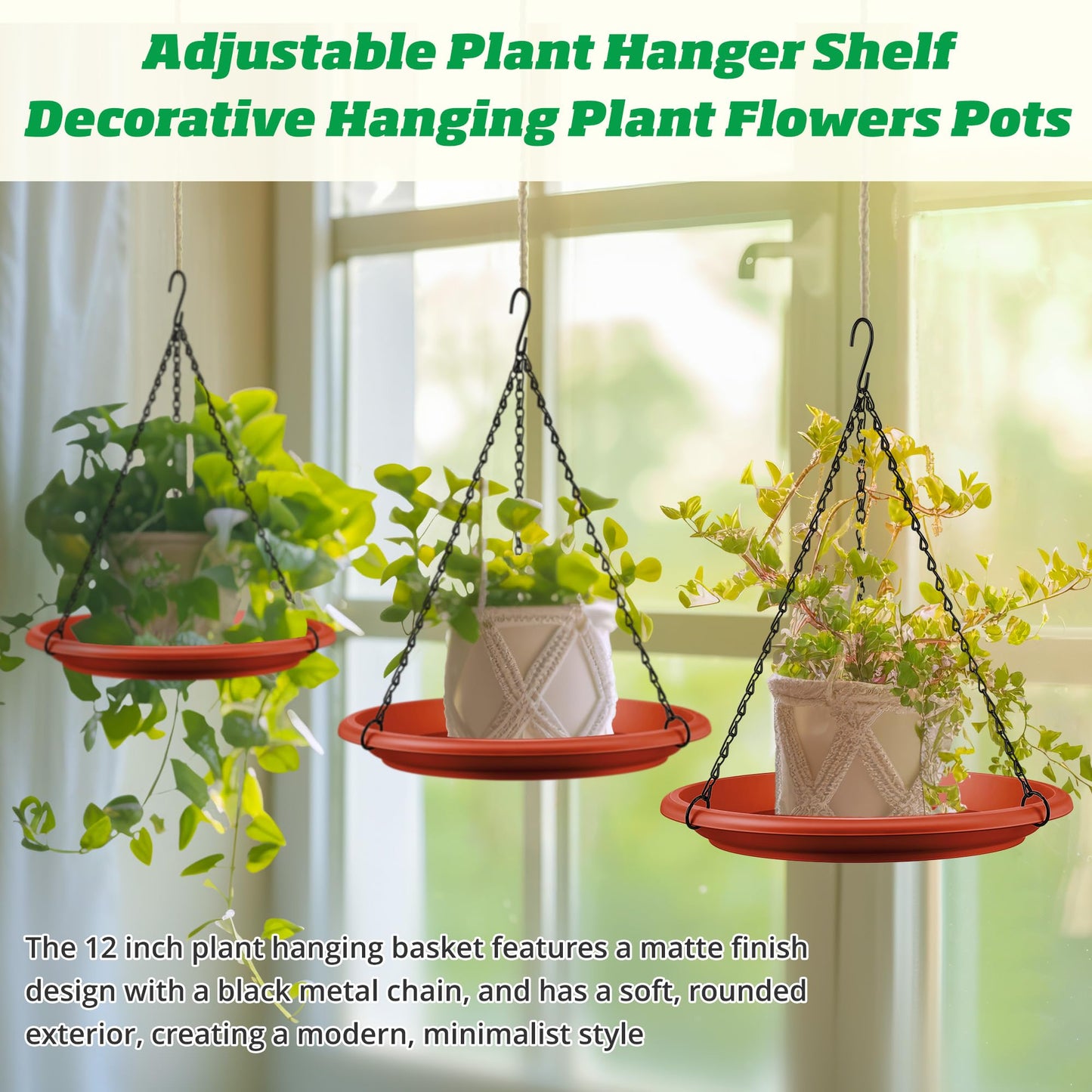 Hanging Planter for Indoor Outdoor Plants, 12" Plant Saucer with Basket Chains, Adjustable Plants Hanger Shelf Decorative Hanging Plant Flower Pot for Window Wall Ceiling Home Decor(5 Pcs,Brick Red)