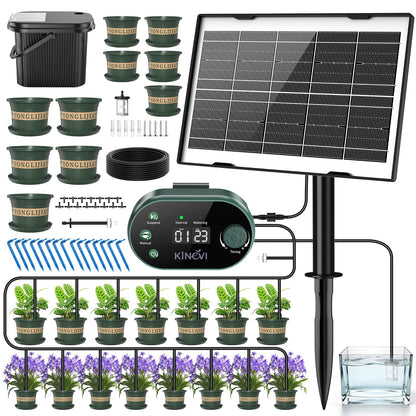Solar Drip Irrigation System Kit, Auto Watering Kit for 15 Pots, 3W Solar Powered Auto Easy DIY Watering Device,22 Timing Modes with with Anti-Siphoning Device & Buckets and Flower Pots