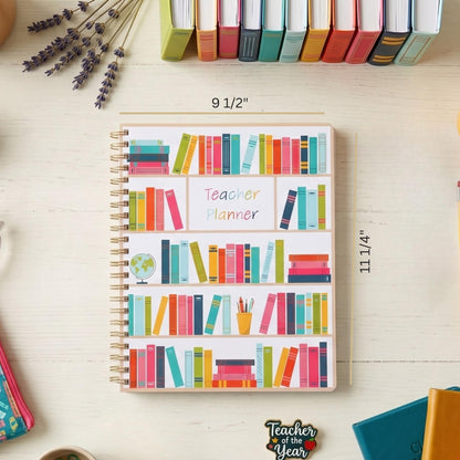 Undated Teacher Planner 8.5 x 11-12 Months & 52 Weeks | Colorful Bookshelves Cover | Monthly & Weekly Lesson Plan Book with Stickers, Storage Pocket & Snap-In Bookmark | Classroom Organizer