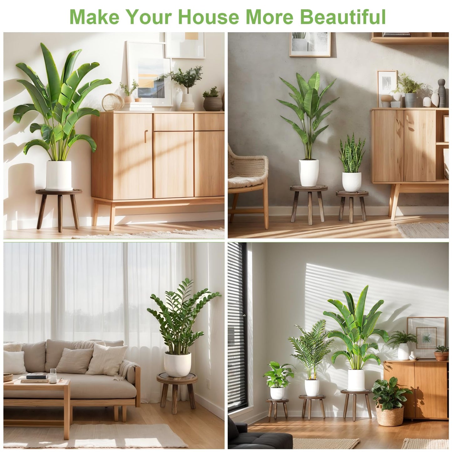 Vecxoty 3-Pack Wood Plant Stands Indoor, Single Plant Stand for 6-12 Inch Pots, Mid-Century Modern Plant Stool, Tall Plant Stand for Large Plants Perfect Fit for Living Room, Balcony, Office