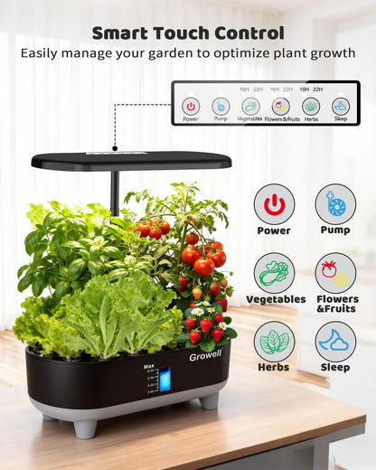 Growell Hydroponics Growing System Kit, 16 Pods, Vertical 8L Indoor Gardening System for Herb Vegetable Fruit, Hydro Garden with LED Grow Light, Smart Water Circulation, 3 Light Modes & 2 Timer, Black