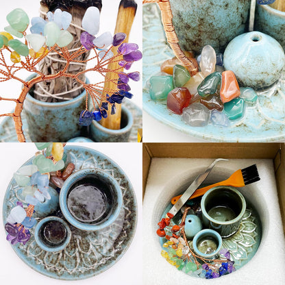 5 in 1 Incense Burner Holder with Crystal Healing Tree, Palo Santo Holder, Sage Holder, Incense Holder for Sticks/Cones/Candles, Ceramic Tray Ash Catcher for Burning Incense, Meditation Gift