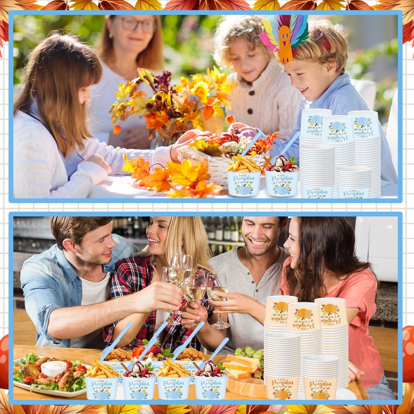 Yungyan 48 Pcs Fall Little Pumpkin Baby Shower Treat Snack Cups 9oz Disposable Ice Cream Bowls Party Supplies Thanksgiving Autumn Paper Cups with Spoons Maple Leaves Dessert Bowl for Hot Cold(Blue)