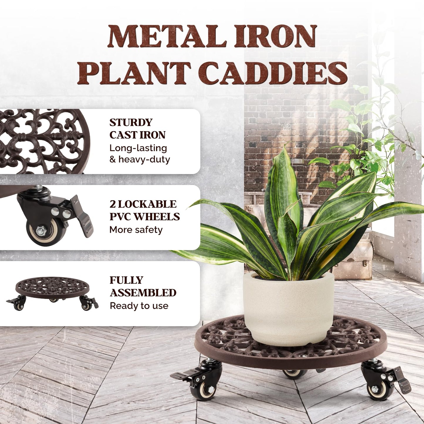 Idzo Capacity 350 lbs Plant Caddy with Wheels Heavy Duty Cast Iron Plant Stand with Lockable Wheels 12 Inch Classis Style Dark Brown