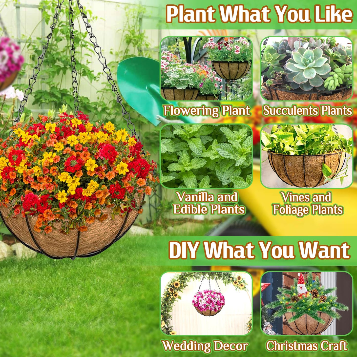 ZeeDix 2 Pack 14 Inch Hanging Baskets for Plants Outdoor, Metal Wire Round Planters with Coco Liner, Hanging Flower Baskets for Home Garden Porch Balcony Railings Decor