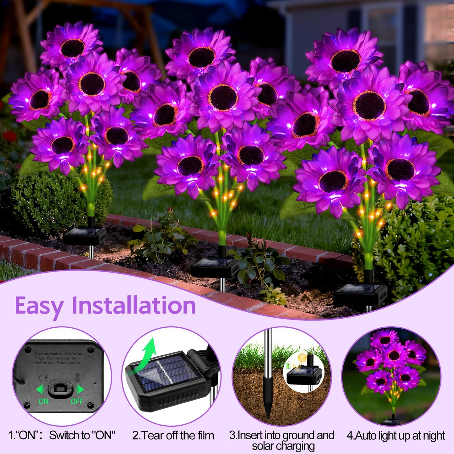 Solar Sunflower Lights Outdoor Garden Decor, 4 Pack Solar Purple Flowers Lights with 24 Sunflowers, Waterproof Fall Decor Stake Decorative Light Auto ON/Off for Garden Yard Patio, Gift for Women