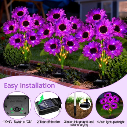 Solar Sunflower Lights Outdoor Garden Decor, 4 Pack Solar Purple Flowers Lights with 24 Sunflowers, Waterproof Fall Decor Stake Decorative Light Auto ON/Off for Garden Yard Patio, Gift for Women