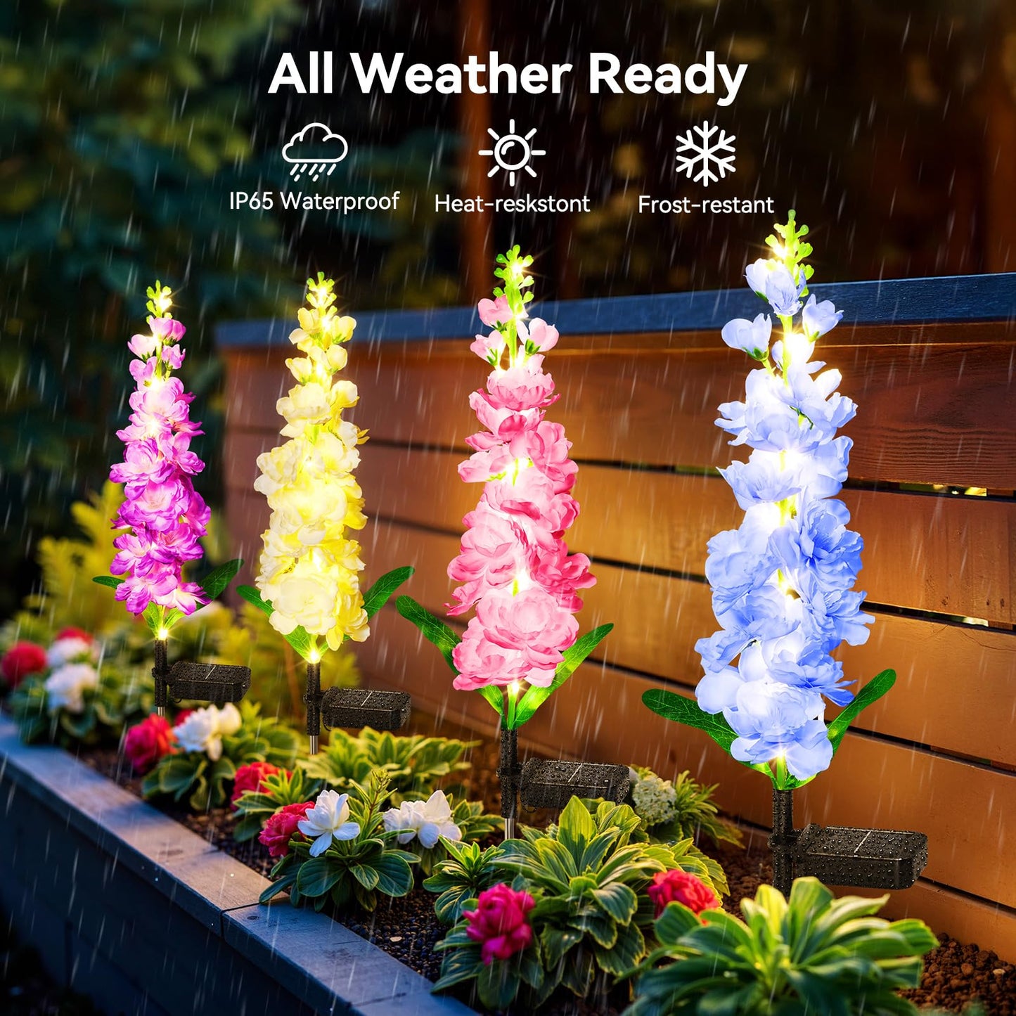 KOOPER Solar Lights Outdoor Garden Decor, 4 Pack Upgraded Delphinium Solar Garden Lights with 36 LEDs, Vivid Flowers Outdoor Waterproof for Landscape Patio Yard Decor