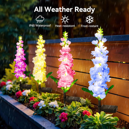 KOOPER Solar Lights Outdoor Garden Decor, 4 Pack Upgraded Delphinium Solar Garden Lights with 36 LEDs, Vivid Flowers Outdoor Waterproof for Landscape Patio Yard Decor