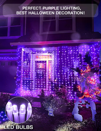suddus Purple Curtain Lights for Halloween, 200 LED Hanging String Lights with USB Plug, Curtain String Lights Indoor for Bedroom Wall, Christmas, Party, Porch, Holiday Decorations, 6.5ft * 6.5ft