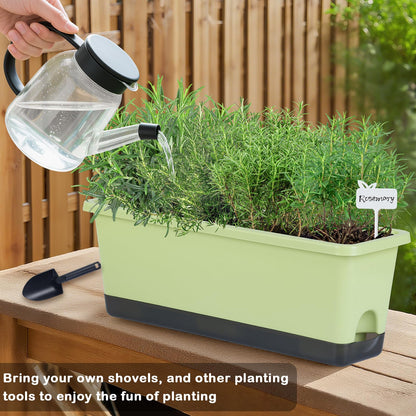 Window Box Planter 4 Packs, 17 Inches Rectangle Flower Pots with Drainage Holes & Trays, Pots for Vegetables, Herbs, Flowers, Garden Windowsill Balcony (Light Green, 17 * 5.1 * 6 inch)