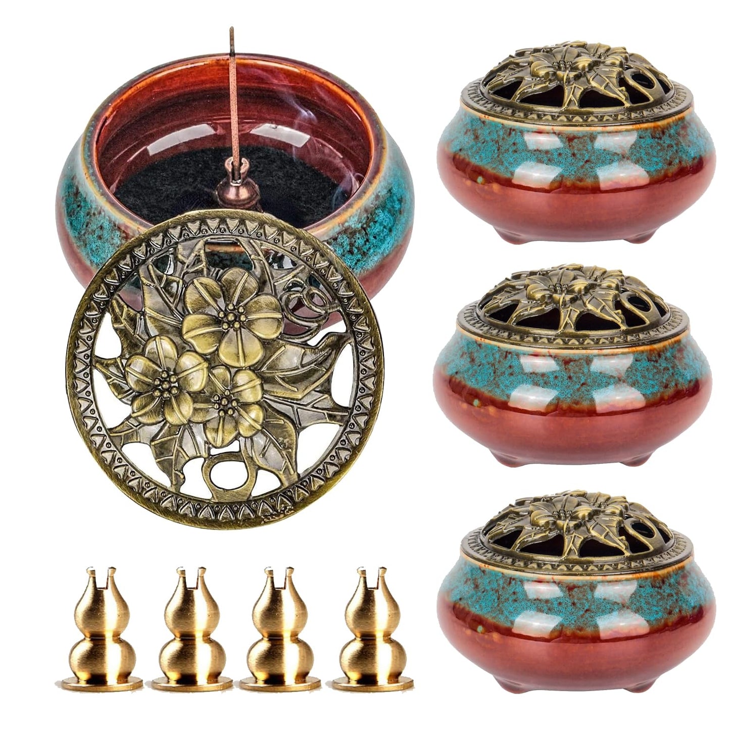 Maxcheck 4 Pcs Ceramic Incense Burner with Copper Lid Metal Incense Holder Lotus Cone Burner for Sandalwood Palo Santo Sage Cones Meditation Yoga Spa Gifts Room Decor(Blue)