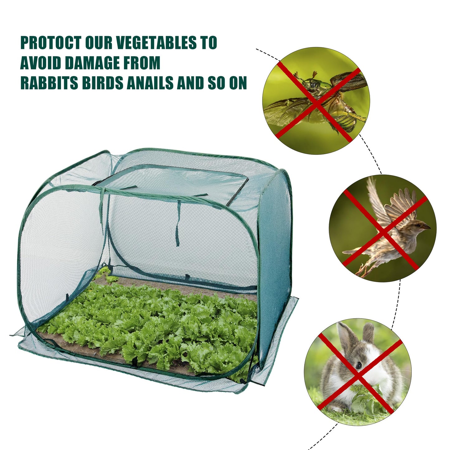 ANC POP Pop Up Mesh Plant Cover,40'' x 40'' x 30'' Plant Protector for Raised Garden & Flower Bed, Net Cage Plant Guard for Fruits, Vegetables, Seedlings and Herbs, 8 Ground Stakes for Fixing