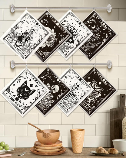 Miss Adola 8 Pack Reusable Kitchen Dishcloths - Absorbent, Fast Drying, Washable Swedish Towels with Cute Black Skull Design