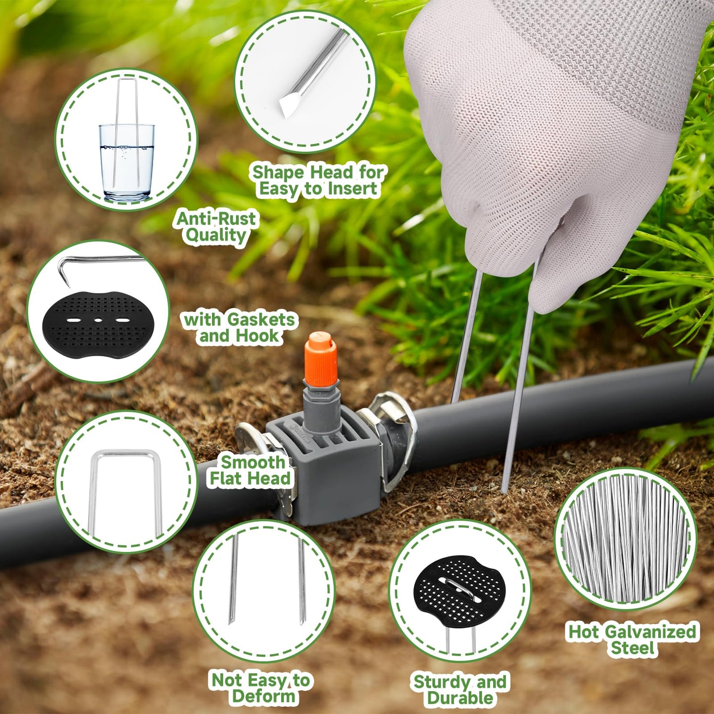 JELNER Garden Stakes,6 Inch 11 Gauge 200pcs Galvanized Landscape Staples and 200pcs Gaskets +1Pick Hook, Tent Stakes Landscaping Fabric SOD Pins for Weed Fabric Barrier,Groud Cover,Fence