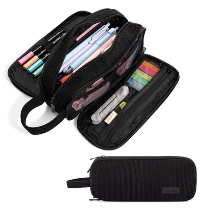 SUNEE Large Capacity Pencil Case with 3 Compartment, Extra Big Pencil Pouch, Pencil Bag with Zipper, Cute Stationery Organizer, Soft Corduroy Pen Box School Supplies for Student Girls Boys, Jet Black