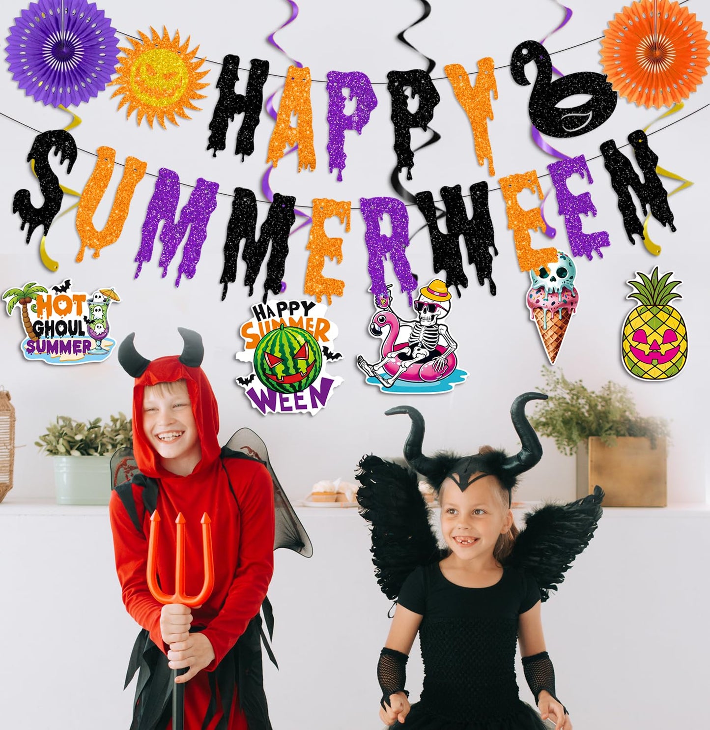 Glittery Happy Summerween Banner Summerween Hanging Swirls Decorations Circle Dots Garland Honeycomb Ball Paper Fan Set for Summer Halloween Birthday Party Halloween in Summer Ghost Party Decorations
