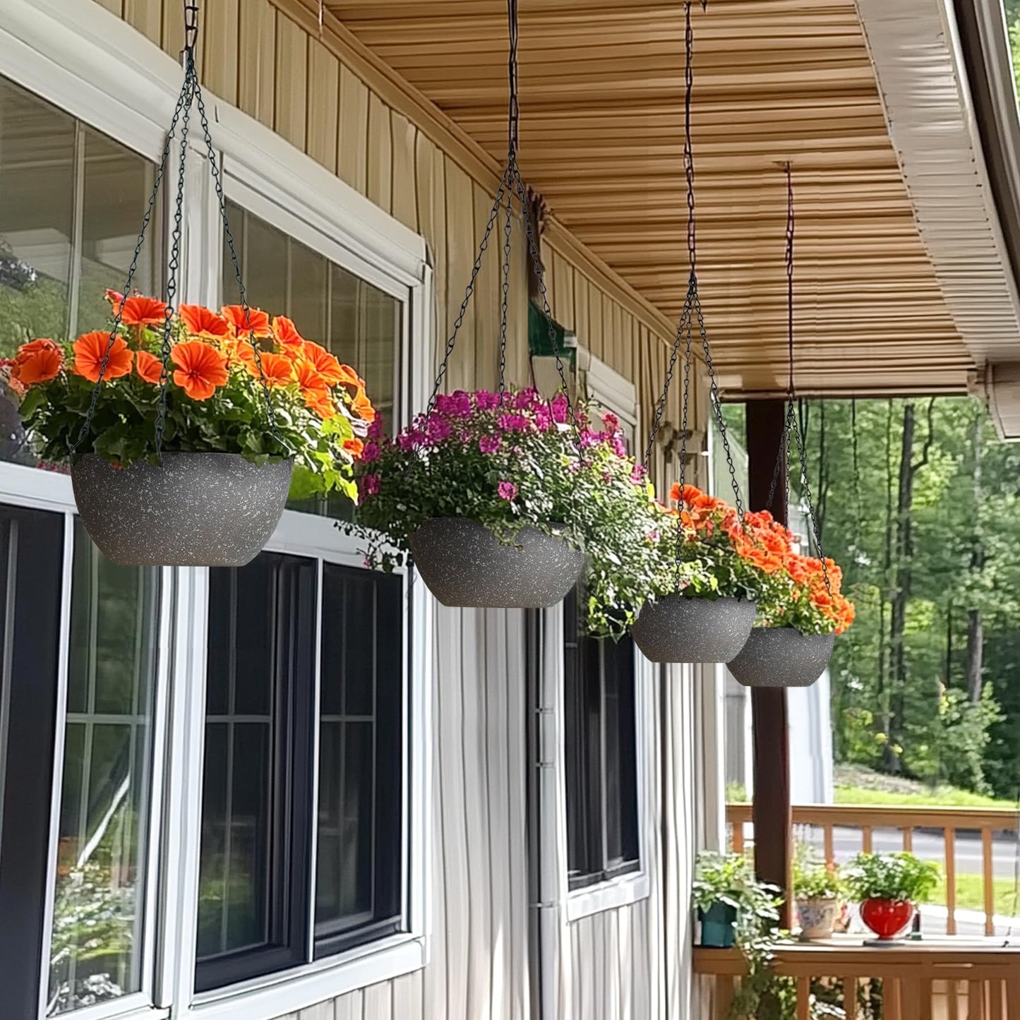 T4U 8 Inch Hanging Planters for Indoor Plants, 2 Pack Hanging Planter, Hanging Plant Pots with Drainage Holes and Chain, Hanging Basket Pots for Garden Home Porch Decor,Grey