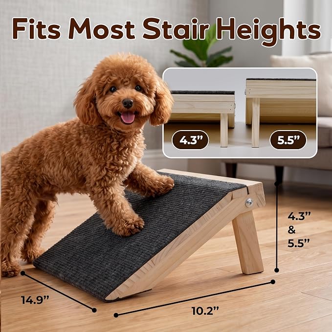 2 Pack Non-Slip Wooden Pet Ramp for Small Dogs, Gentle Slope Stair Ramp for Puppies, Senior Pets & Cats, Easy to Use Indoor Pet Access Ramp