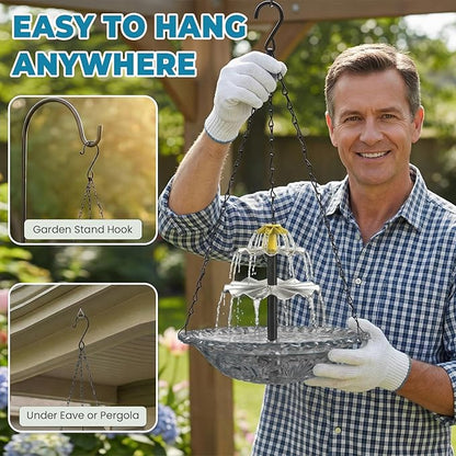 Solar Fountain for Bird Bath, Hanging Cascade Water Feature for Outdoor Garden & Yard Decor, Creates a Relaxing Flow that Attracts Birds (Gray)