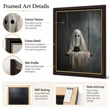 Vbaourut Framed Halloween Black Cat Wall Art, Moody Ghost on Swing Canvas Painting, Spooky Feline Poster with Dark Brown Frame and Upgraded Hook and Loop for bedroom，Study, 9x11 in