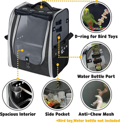 Birds Day Bird Carrier Backpack - Breathable Mesh Portable Parrot Travel Cage with 2PCS Perch, Food Bowl, and Stainless Steel Tray (Charcoal Gray)