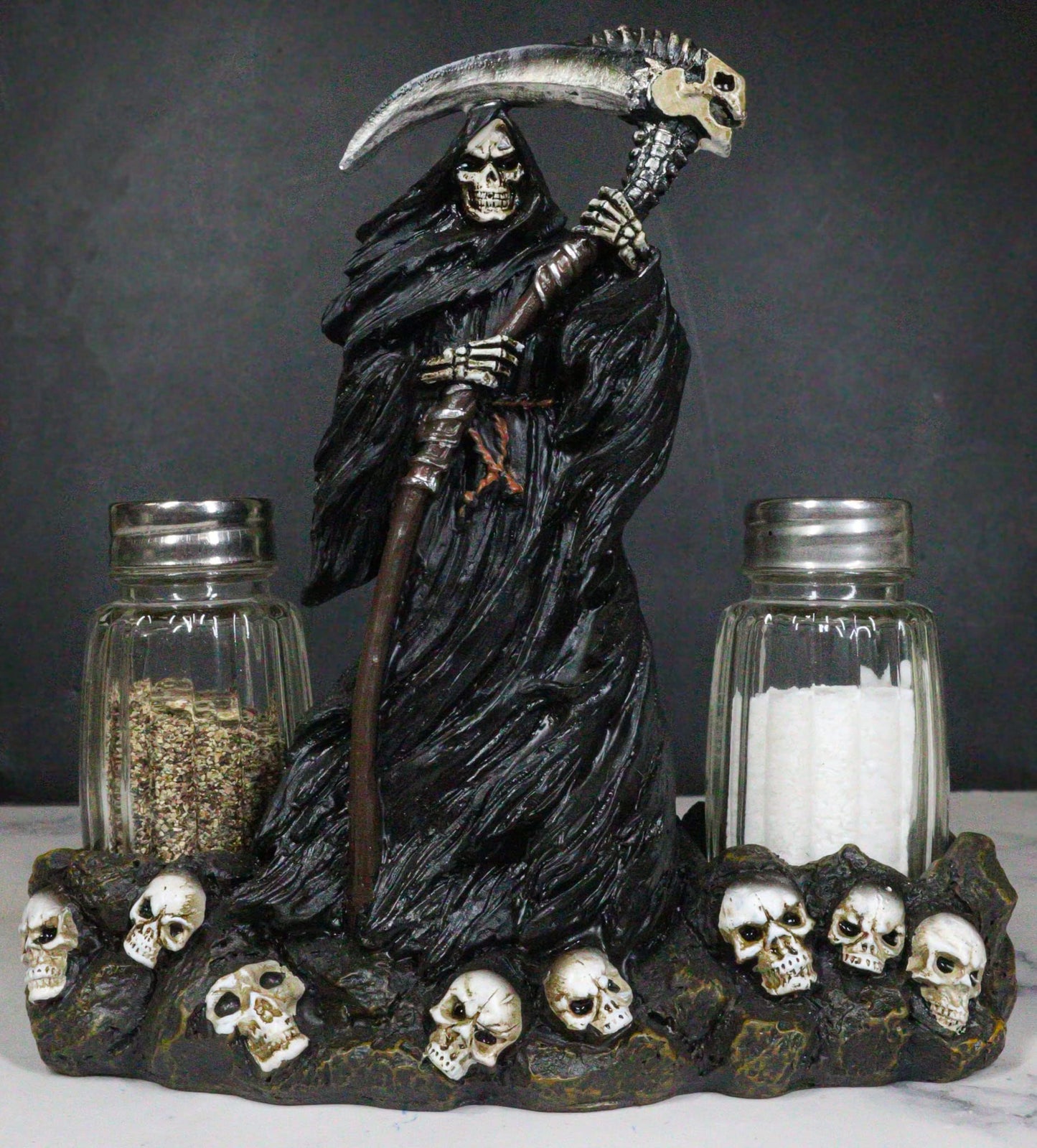 Ebros Gift Day Of The Dead Grim Reaper Standing On Skull Graveyard Salt & Pepper Shakers Holder Figurine Set 6.25"H