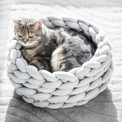 Woven Dog Bed Basket, Knitted Cotton Cat Bed Round Washable Woven Cat Pet Bed Chunky Dog Basket, Orthopedic, Chunky Knit Dog Nest,Dog Bed,Dog Cave,Dog Bedding(Gray,19")
