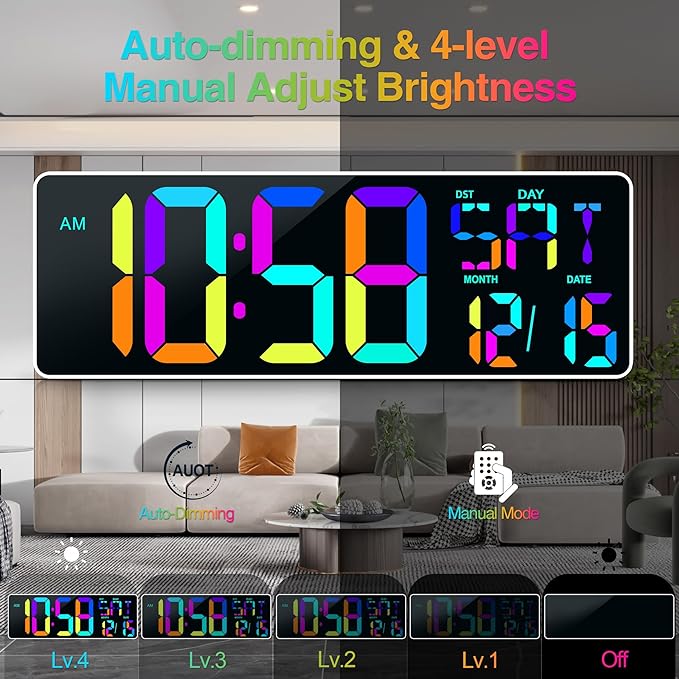 17.2" Large Digital Wall Clock 10 RGB Colors 9 Group Timer Remote Control | Large Display for Living Room Classroom Garage LED Wall Clock with Temperature Date Week Auto DST Gift for Senior Mom Dad