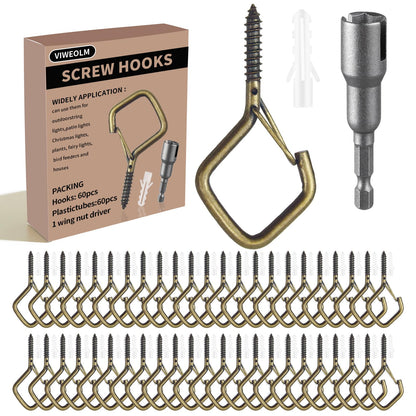 Viweolm 60 Pcs Bronze Eye Hooks Screw Heavy Duty,Ceiling Hooks for Hanging Plants,String Lights,Cup,Wind Chime,Bird Feeders. Plant Hanger Indoor&Outdoor