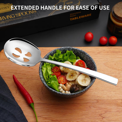 Keyoxy 4 Piece Stainless Steel Serving Spoons Set - 2 Large, 2 Slotted, 9.2-Inch, Dishwasher Safe, for Parties/Kitchen/Buffet/Catering
